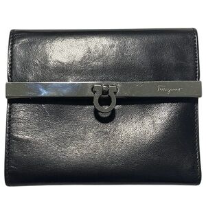 Authentic Salvatore Ferragamo Black Trifold Compact Wallet w/Clasp Closure